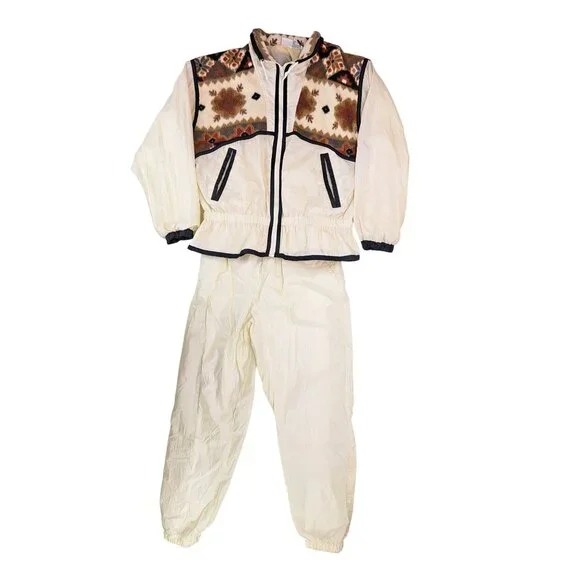 Vintage Athletic Works Track Suit Jacket Pants Set Women Medium Brown Tan Aztec - Picture 13 of 13